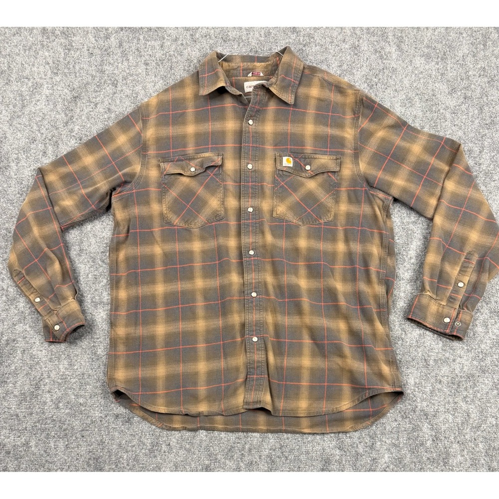Carhartt Mens Relaxed Fit Plaid Pearl Snap Flannel Shirt Brown Grey Large